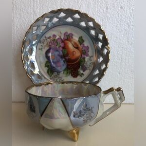 ANTIQUE ￼3 FOOTED TEA CUP & RETICULATED SAUCER Set- Fruit, Iridescent, gold trim